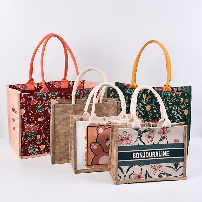 Cá nhân hóa vải tự nhiên in túi jute túi Tote Burlap 0