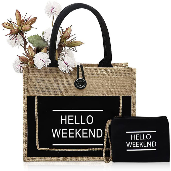 Chất in mua sắm túi jute Tote túi bãi biển Organic Burlap 0