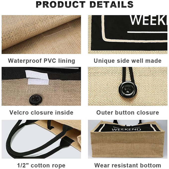 Chất in mua sắm túi jute Tote túi bãi biển Organic Burlap 3
